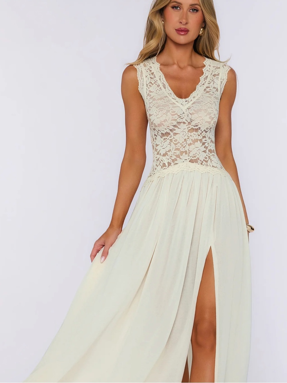Hello Molly Cream Maxi Dress with Side Slit